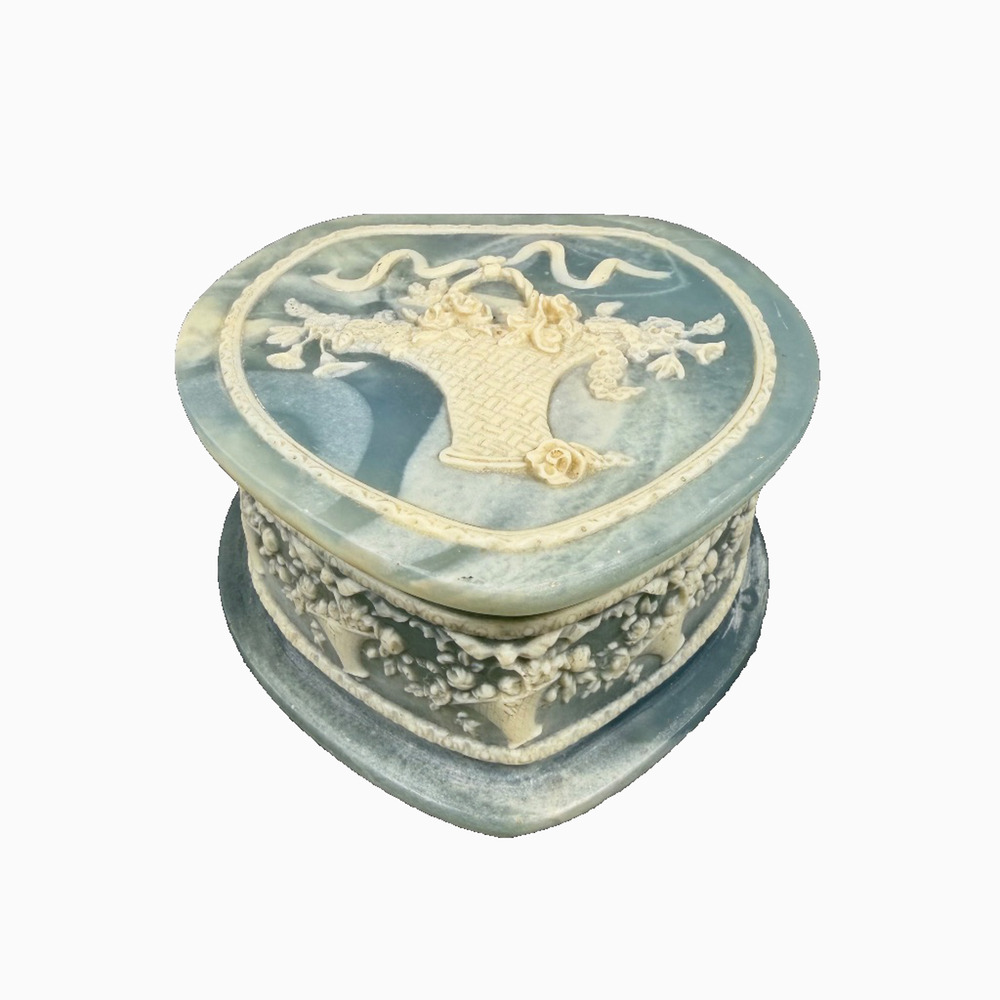 Vintage 1970s Incolay Stone Heart Trinket Box Floral Basket Relief Love USA